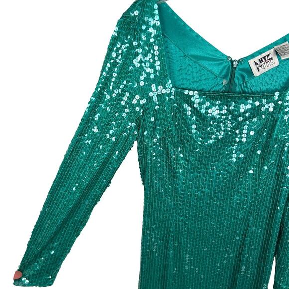 Vintage 80s Teal Blue Square Neck Long Sleeve Mini Dress M - Picture 4 of 5